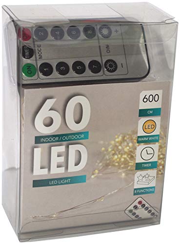 60er Led Draht Lichterkette Batterie warmweiß mit Timer für innen und außen + Fernbedienung für 8 verschiedene Funktionen von HTL