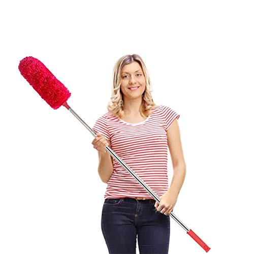 HTLY SPR Staubwedel Teleskop Waschbar, Staubwischer Mikrofaser Edelstahl Teleskop Stange und Verbiegbare Eckbesen, Staubwedel Lang Ausziehbar Extra Lang Bis 254cm, für Decken Spinnweben (Rot) von HTLY SPR