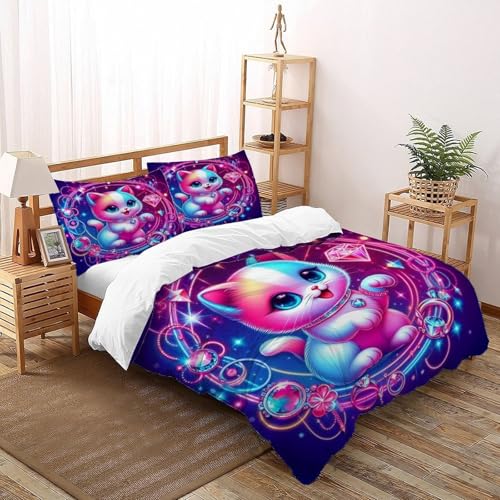 HTMKDLE KristallkatzeBettbezug Mikrofaser Kosmische PlanetenBettwsche Set Für Allergiker Geeignet 3 Teilig Für Kinder Teenager Mit Leichtlufigem Reiverschluss Double（200x200cm） von HTMKDLE