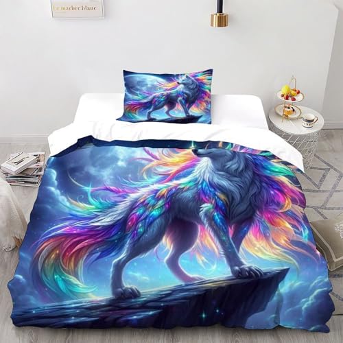 HTMKDLE Mond Regenbogen WolfBettbezug Weich Mikrofaser Kosmische PlanetenBettwsche Sets Modern Hochwertig 2 Teilig Für Kinder Teenager Mit Leichtlufigem Reiverschluss Single（135x200cm） von HTMKDLE