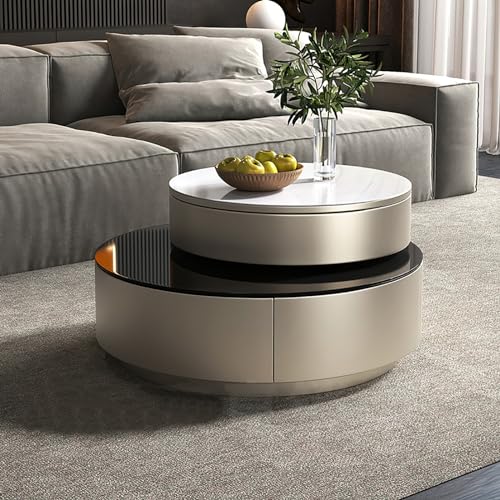 HTONVK Moderner Rund Couchtisch 2er Set, Stapelbarer Beistelltisch mit Platte Gehärtetem Glas und Hebeplatte, Massivholz Schubladen, Sofatisch, Kaffeetisch, für Wohnzimmer, Schlafzimmer Round von HTONVK