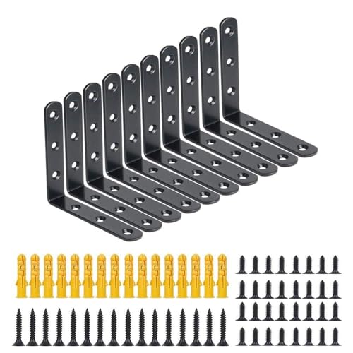 10 Stück Schwarze Regalhalterung 100 x 100 mm – L-Winkel Regalstütze Metall, Wandhalterung für Regale, Bücherregale, Küche, Bad & Garten – Inkl. Schrauben & Dübel von HTRTRR