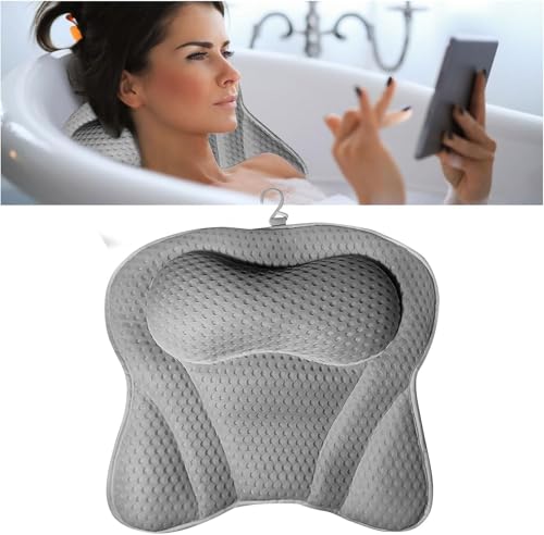 Badewannenkissen, 4D Air Mesh Badewannenkissen mit 6 rutschfesten Saugnäpfen, ergonomisches Badekissen kann Kopf, Nacken, Rücken, Spa zu Hause (Grey) von HTRTRR