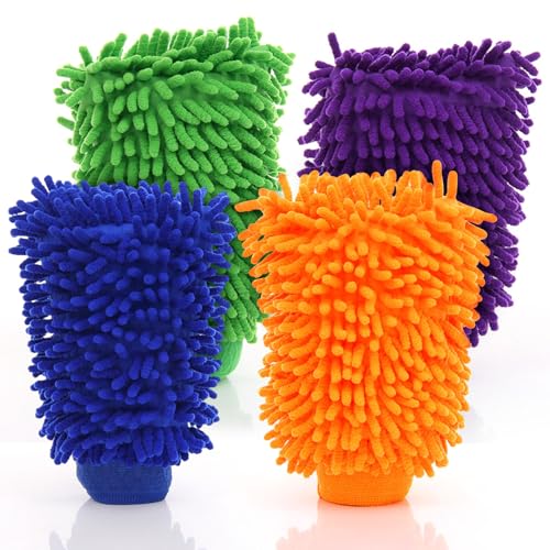 HTRTRR Autowaschhandschuhe, Autowaschhandschuhe 15 * 25cm, Autowaschhandschuhe 4er Set, Auto Chenille Mikrofaser Handschuhe, saugfähig und Kratzfest, für die Reinigung von Autos, Fenster von HTRTRR
