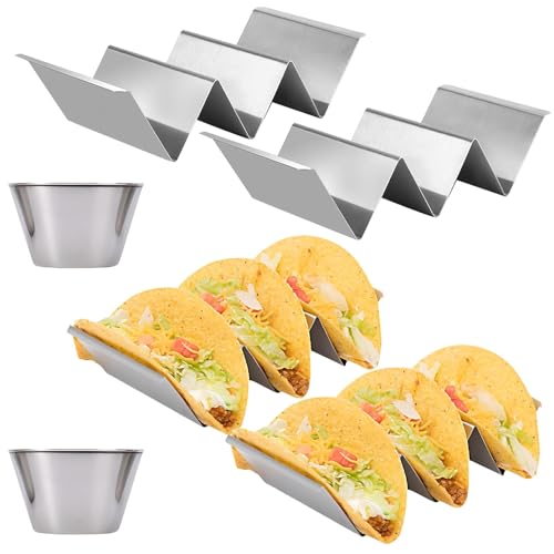 HTRTRR Edelstahl Taco Ständer Set - 2 Stück Taco Ständer mit 2 Dippschalen (65ml), Backofen- und spülmaschinenfest, stapelbar, ideal für Partys und BBQs von HTRTRR