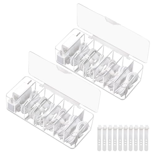 HTRTRR Kabelbox 2 Stück, Kabel-Organisator mit Deckel,ransparent Kabel Organizer Box mit 7 Fächern und 10 Kabelbindern, Cable Management Box für Schreibtisch Lagerung von HTRTRR