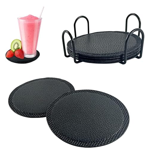 Set aus 8 schwarzen Lederuntersetzern mit Ständer, runde Lederuntersetzer für heiße und kalte Getränke, stilvolles Set für Tisch, Küche, Bar und Auto von HTRTRR