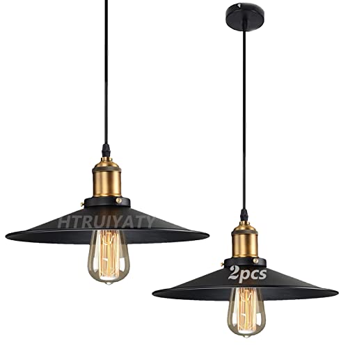 HTRUIYATY 2er Pack Vintage Pendelleuchte Beleuchtung Suspension Industrie Lampenschirm Retro E27 Deckenleuchte Schwarz Hängeleuchte 26cm von HTRUIYATY