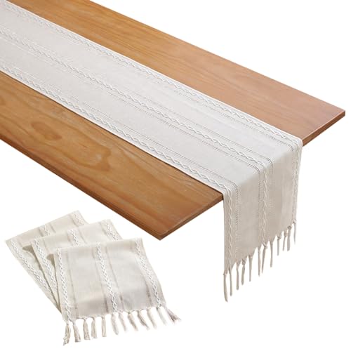 HTTDSLF Tischläufer Boho, Beige Landhausstil Quasten Tischläufer, Waschbar Tisch Dekoration, für Deko Boho, Hochzeit, Brautdusche, Esstisch Dekor 33x183 cm von HTTDSLF