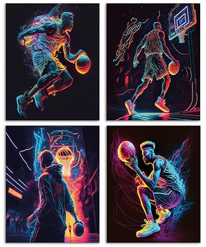 HTTG Basketball-Poster, Neonlicht, Set von 4 (20.3x25.4 cm), ungerahmt, Sport-Leinwand, Wandkunst, Superstar-Poster für Wände, Dekoration, Schlafzimmer, Wohnzimmer, Sport, Basketball-Fan von HTTG