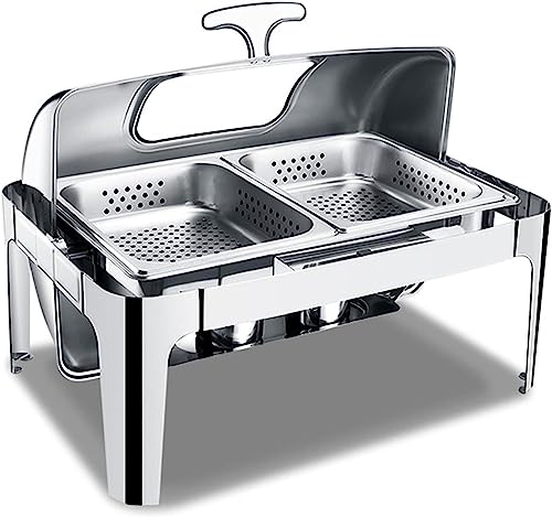 Buffetherd - Rundes Speisenwärmtablett, Speisenwärmbuffet, Fondue-Buffet-Set, Edelstahl-Kochplatten-Buffet-Set Mit Glassichtdeckel Und Eingebautem（Visual Cover - Single-9L） von HTTGDGDH