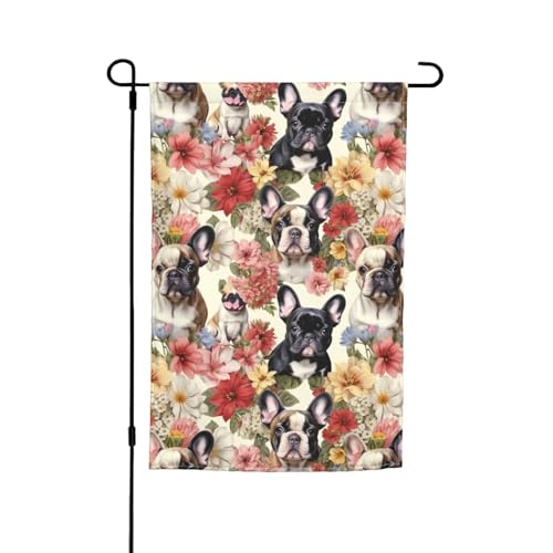 Druck mit französischer Bulldogge und Blumen, vielseitig und elegant, Gartenflagge, für alle Jahreszeiten, Dekoration für Terrasse, Garten, Terrasse von HTTUP