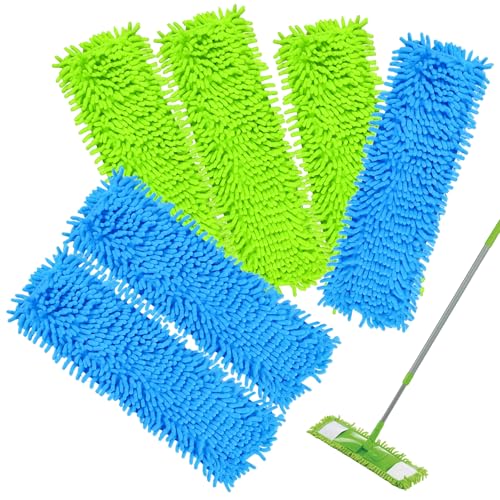 HTTYHT 6er-Pack handwaschbare Chenille-Flachmopp-Ersatztücher 42 x 12 cm Wischmopp Bezug aus Mikrofaser in Blau /Grün für Alle Gängigen Klapphalter - Flachwischer Bezug für Alle Bodenarten von HTTYHT