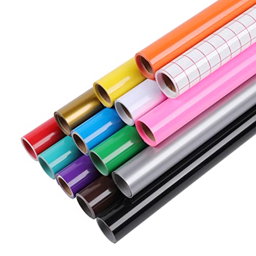 HTVRONT Vinylfolie Plotterfolie 14 Rolle - 30cm x 91.5cm Selbstklebende Plotterfolie für Cricut,Selbstklebende Plotterfolie für Cricut, 13 Farben Vinylfolie + 1 Rolle Transferfolie Plotter von HTVRONT
