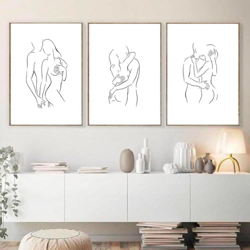 HTWLMM Abstrakte Paar Kuss Strichzeichnung Bilder Liebe Schwarz Weiß Leinwand Malerei Gemälde Poster Kunstdruck für Wohnkultur Wohnzimmer Wanddekoration (3X30X40CM,Kein Rahmen) von HTWLMM