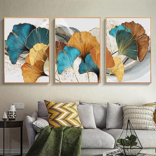 HTWLMM Abstrakte Pflanze Blatt Leinwandmalerei Blau Grün Gelb Gold Wandbilder Deko Schlafzimmer Wohnzimmer Wohnung Poster Gemälde Kunstdruck Home Wanddekoration Bilder Kein Rahmen (3X50X70CM) von HTWLMM