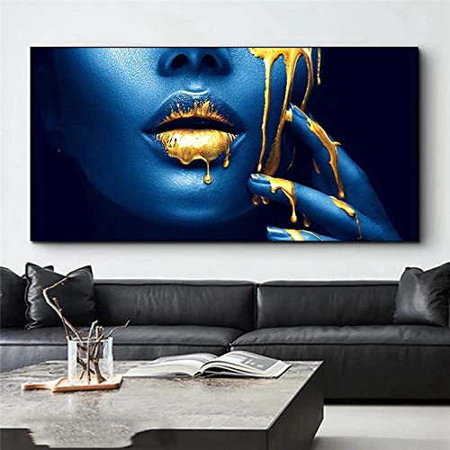 HTWLMM Afrikanische Frau Gold Lippen Leinwand Malerei Mädchen Bilder Kunstdruck für Wohnzimmer Schlafzimmer Wandbilder Deko Rahmenlos (60X120CM) von HTWLMM