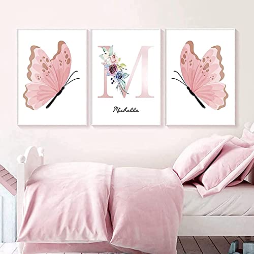 HTWLMM Aquarell Anpassung Namen Rosa Blumen Schmetterling Leinwand Malerei Bilder Mädchen Kinderzimmer Poster Kunstdruck für Wohnzimmer Schlafzimmer Wandbilder Deko Rahmenlos (3X30X40CM) von HTWLMM