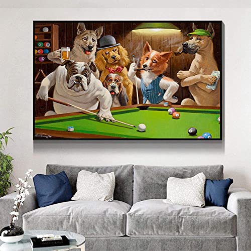 HTWLMM Cartoon-Tier-Hund Der Billard Spielt Leinwand Malerei Kunstdruck Bilder für Wohnzimmer Wandbilder Deko Schlafzimmer Modern Rahmenlos (80X120CM) von HTWLMM