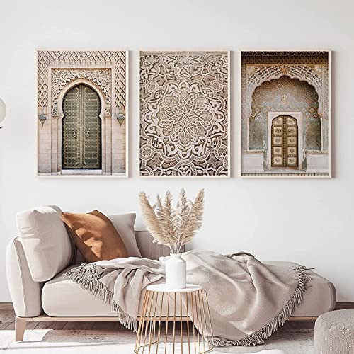 HTWLMM Islamische Architektur Bilder Beige Blumen Tür Leinwandbilder Wanddekoration Wohnzimmer Schlafzimmer Kunstposter Bilder Rahmenlos (D,3X60X80CM) von HTWLMM