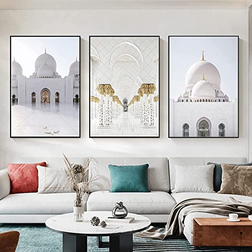 HTWLMM Islamische Leinwand Malerei SchöNe Moschee Weiß Und Gold Bogen Marokkanisch Kunstdruck Bilder für Wohnzimmer Wandbilder Deko Schlafzimmer Rahmenlos (3X40X50CM) von HTWLMM