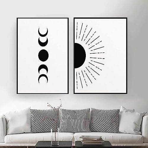 HTWLMM Leinwand Bilder Sonne und Mond Malerei Schwarz-Weiß Poster Kunstdruck für Wohnzimmer Schlafzimmer Wandbilder Deko Rahmenlos (2X30X40CM) von HTWLMM