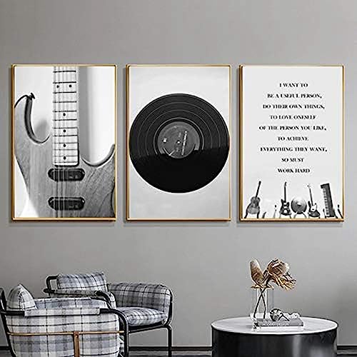 HTWLMM Leinwand Bilder Vinyl Schallplatten Schwarz Weiß Vintage Musik Gitarre Malerei Poster Kunstdruck für Wohnzimmer Schlafzimmer Wandbilder Deko Rahmenlos (3X40X60CM) von HTWLMM