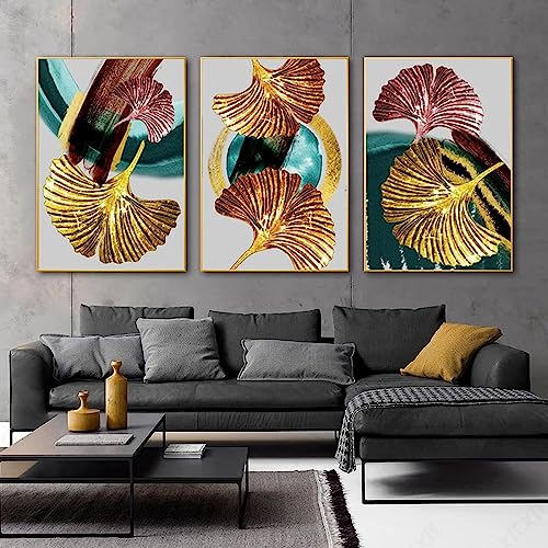 HTWLMM Leinwand Malerei Abstrakte Goldene Pflanze Gingko Blatt Bilder Poster Kunstdruck für Wohnzimmer Schlafzimmer Wandbilder Deko Rahmenlos (3X30X40CM) von HTWLMM