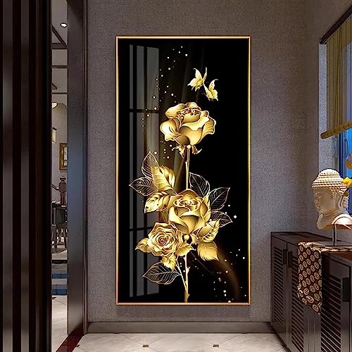 HTWLMM Leinwand Malerei Abstrakte Goldene Schwarze Blume Rose Schmetterling Bilder Poster Kunstdruck für Wohnzimmer Schlafzimmer Wandbilder Deko Rahmenlos (80X160CM) von HTWLMM