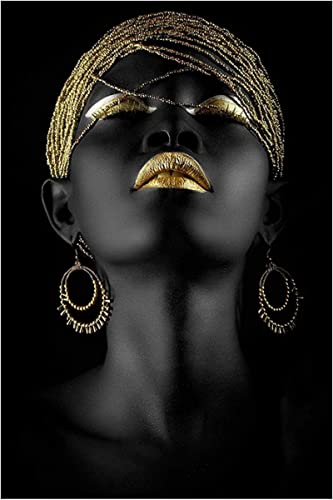HTWLMM Leinwand Malerei Afrikanische Goldene Lippen Frau Bilder Kunstdruck für Wohnzimmer Schlafzimmer Wandbilder Deko Rahmenlos (80X120CM) von HTWLMM