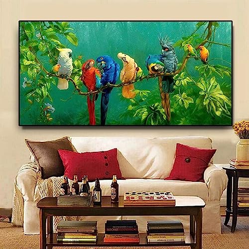 HTWLMM Leinwand Malerei Papagei Vogel auf Ästen Landschafts Bilder Poster Kunstdruck für Wohnzimmer Schlafzimmer Wandbilder Deko Rahmenlos (57X100CM) von HTWLMM