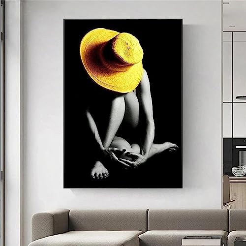 HTWLMM Leinwand Malerei Schwarz Weiß Sexy Mode Frau Bilder Mädchen Tragen Gelben Hut Poster Kunstdruck für Wohnzimmer Schlafzimmer Wandbilder Deko Rahmenlos (20X30CM) von HTWLMM