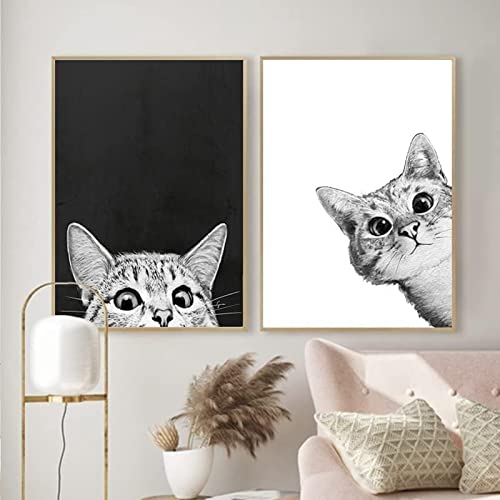 HTWLMM Lustig Schwarz Weiß Katzen Leinwand Malerei Bilder Schwarz Weiß Katzen Tier Poster Kunstdruck für Wohnzimmer Schlafzimmer Wandbilder Deko Rahmenlos (2x50X70CM) von HTWLMM