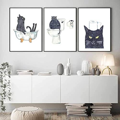 HTWLMM Lustige Schwarze Katze Toilette Leinwand Kunstdruck Poster Be Our Guest Sign Bilder für Badezimmer Badewanne Waschraum Wandbilder Deko Rahmenlos (3X20X30CM) von HTWLMM