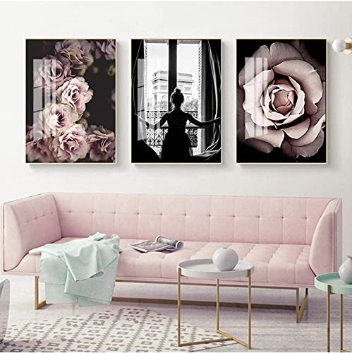 HTWLMM Mode Rosa Blumen Mädchen Leinwandbilder Poster Kunstdruck Für Schlafzimmer Wohnzimmer Wohnung Wanddekoration Bilder Gemälde Rahmenlos (3X50X70CM) von HTWLMM