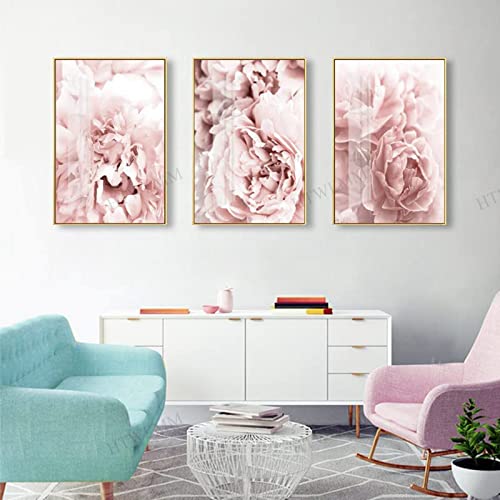 HTWLMM Rosa Blühende Blume Bilder Nordic Leinwand Poste Wandbilder Wohnzimmer Mädchen Schlafzimmer Deko Modern Kunst Badezimmer Bilder Poster Set Rahmenlos (3X20X30CM,1) von HTWLMM