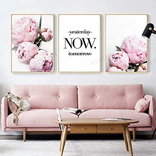 HTWLMM Rosa Blühende Blume Bilder Nordic Leinwand Poste Wandbilder Wohnzimmer Mädchen Schlafzimmer Deko Modern Kunst Badezimmer Bilder Poster Set Rahmenlos (3X20X30CM,4) von HTWLMM