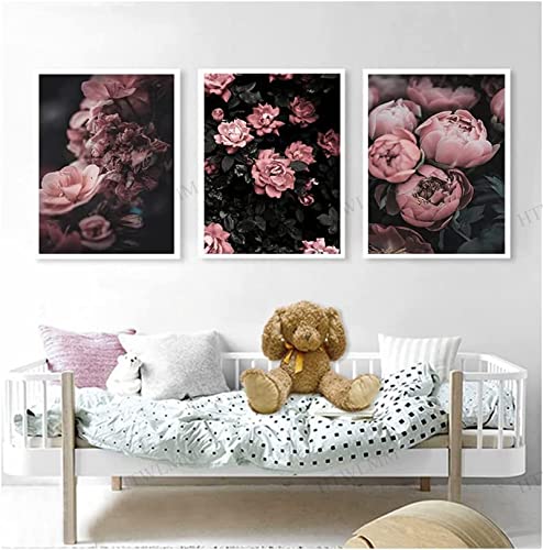 HTWLMM Rosa Blühende Blume Bilder Nordic Leinwand Poste Wandbilder Wohnzimmer Mädchen Schlafzimmer Deko Modern Kunst Badezimmer Bilder Poster Set Rahmenlos (3X20X30CM,5) von HTWLMM