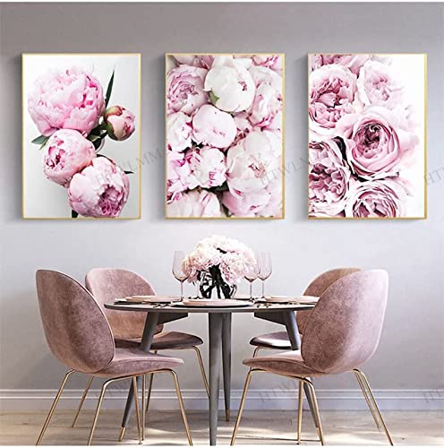 HTWLMM Rosa Blühende Blume Bilder Nordic Leinwand Poste Wandbilder Wohnzimmer Mädchen Schlafzimmer Deko Modern Kunst Badezimmer Bilder Poster Set Rahmenlos (3X30X40CM,2) von HTWLMM