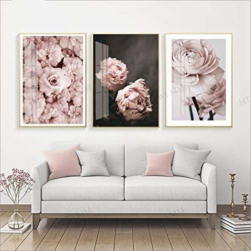 HTWLMM Rosa Blühende Blume Bilder Nordic Leinwand Poste Wandbilder Wohnzimmer Mädchen Schlafzimmer Deko Modern Kunst Badezimmer Bilder Poster Set Rahmenlos (3X30X40CM,3) von HTWLMM