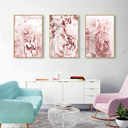 HTWLMM Rosa Blühende Blume Bilder Nordic Leinwand Poste Wandbilder Wohnzimmer Mädchen Schlafzimmer Deko Modern Kunst Badezimmer Bilder Poster Set Rahmenlos (3X40X60CM,1) von HTWLMM