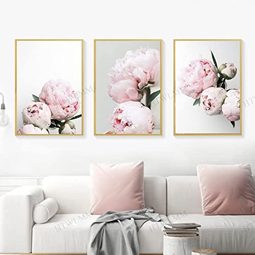 HTWLMM Rosa Pfingstrose Blumen Moderne Bilder Nordic Leinwandbild Poster 3 Set Wohnzimmer Deko Schlafzimmer Kinderzimmer Abstrakte Poster Rahmenlos (2,3X40X50CM) von HTWLMM