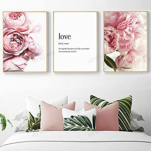 HTWLMM Rosa Pfingstrose Blumen Moderne Bilder Nordic Leinwandbild Poster 3 Set Wohnzimmer Deko Schlafzimmer Kinderzimmer Abstrakte Poster Rahmenlos (5,3X40X50CM) von HTWLMM