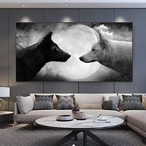 HTWLMM Schwarz Weiß Wolf Mond Leinwand Malerei Wandkunst Bilder für Wohnzimmer Schlafzimmer Dekoration Moderne Leinwandbilder Poster Rahmenlos (70X140CM) von HTWLMM