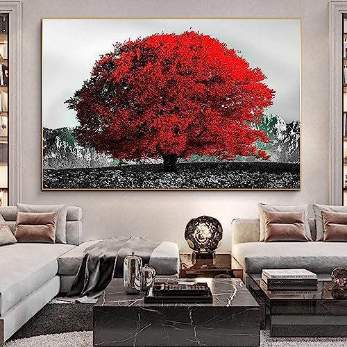 HTWLMM Schwarzweißer Roter Großer Baum Landschaft Leinwand Bilder Malerei Poster Kunstdruck für Wohnzimmer Schlafzimmer Wandbilder Deko (Rahmenlos) (80X120CM) von HTWLMM