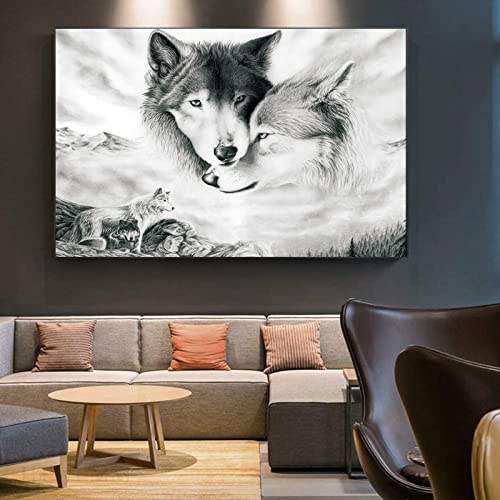 HTWLMM Wölfe Schwarz Weiß Leinwandbilder Tier Wanddekoratio Wohnzimmer Schlafzimmer Abstrakt Modern Kunstposter Bilder Rahmenlos (80X120CM) von HTWLMM