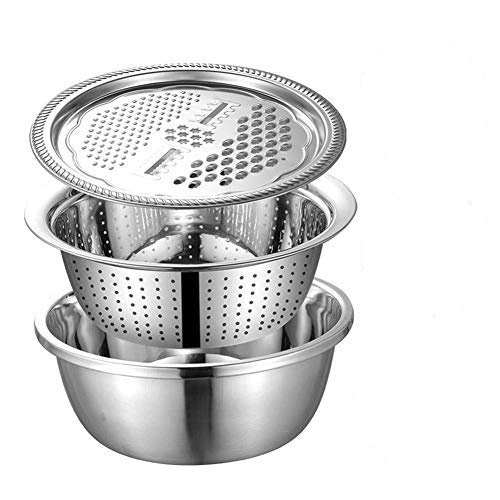 3 in 1 Edelstahl Küchenreibe Abflusskorb und Behälter Schüssel-Multifunktionales Edelstahlbecken Set-Haushaltsküchenreibe Becken-Sieb mit Schüssel-mehrere größen (28cm) von HTYG