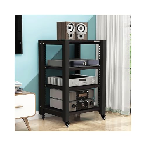 HTYUKFDG AV-Medienständer mit Rädern, HiFi-Ständer, verstellbare Medienaufbewahrungsregale, Audio-Rack-Tower aus Holz, Stereoschrank for CD-Player, Videospielkonsole(Svart,4 Tier) von HTYUKFDG