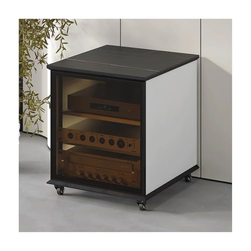 HTYUKFDG Medienaufbewahrungsschrank mit Glastür, Stereoschrank mit verstellbaren Regalen und Rädern, Rock Slab Top, Audio-Video-Rack-Ständer for Theater(Blanc,63.6cm) von HTYUKFDG