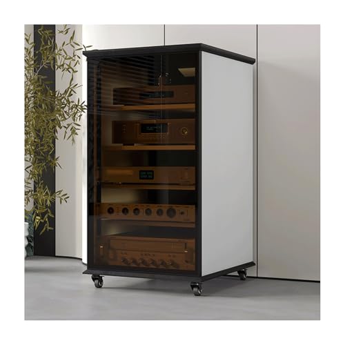 HTYUKFDG Medienaufbewahrungsschrank mit Glastür, Stereoschrank mit verstellbaren Regalen und Rädern, Rock Slab Top, Audio-Video-Rack-Ständer for Theater(Blanc,99.2cm) von HTYUKFDG